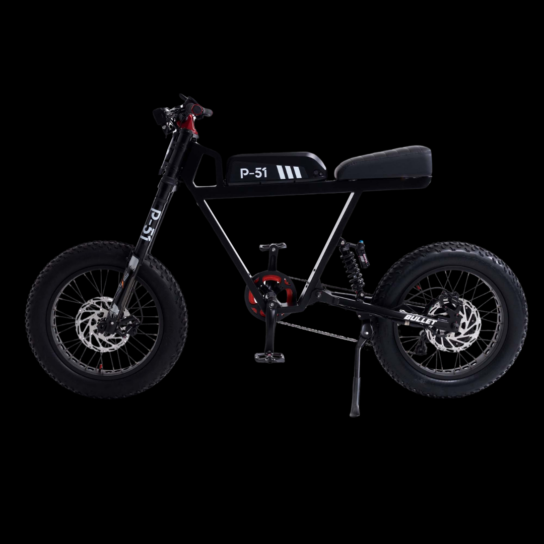 Side profile of jet black P-51 Bullet electric bike 